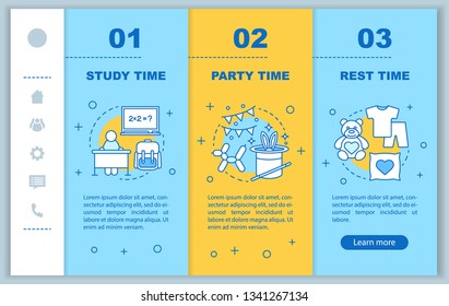 Time management onboarding mobile web pages vector template. Responsive smartphone website interface idea with linear illustrations. Study time webpage walkthrough step screens. Daily student schedule