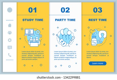 Time management onboarding mobile web pages vector template. Responsive smartphone website interface idea with linear illustrations. Party, rest time webpage walkthrough steps. Daily student schedule