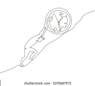 Time management - one line design style illustration isolated illustration on white background. Metaphorical image of a person rolling a clock up the hill. Deadline concept