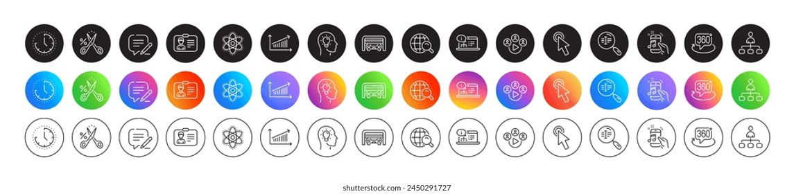 Time, Management and Online documentation line icons. Round icon gradient buttons. Pack of Video conference, Chemistry atom, Write icon. Cut tax, Cursor, Music phone pictogram. Vector