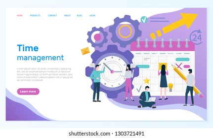 Time management online web page with organizer vector. Men and women compose business schedule, wall clock, success element and productive work arrangement. Website or webpage template landing page