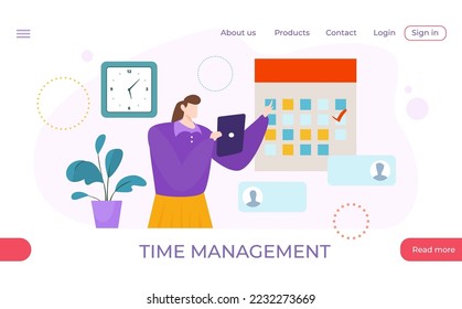 Time management online website landing template banner, commerce internet business work schedule flat vector illustration.