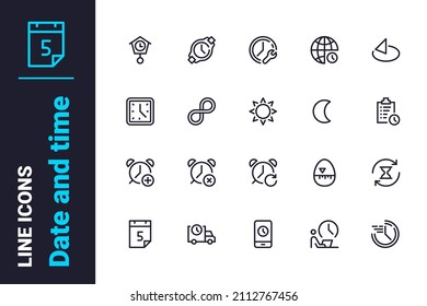 Los iconos de opciones de administración de tiempo establecen la ilustración vectorial. Tiempo de observación, alarma, icono de línea de tiempo. Concepto de fecha y hora