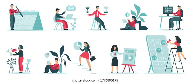 Time management organising. Planning office work tasks, work productivity, timing schedule, office workers productivity isolated illustration set. Time business, office management