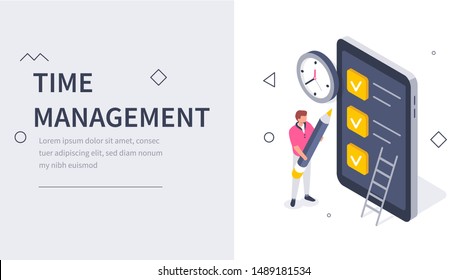 Time Management and Organization Concept. Man use Mobile App for Planning. Can use for Web Banner, Infographics, Hero Images. Flat Isometric Vector Illustration Isolated.
