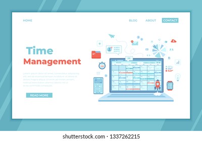 Time Management, organization, planning schedule, distribution of tasks. Laptop with schedule on the screen. Application for computer, phone and smart watches. landing page for web, banner. Vector