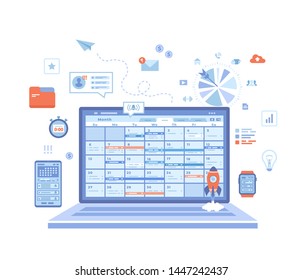 Time Management, organization, planning schedule, distribution of tasks. Laptop with schedule on the screen. Application for computer, phone and smart watches. Vector illustration on white background.
