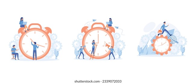 Time management. Organization of process, quick reaction awakening, set flat vector modern illustration