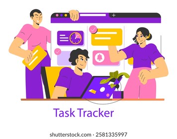 Time management and organization through a digital task tracker. Team collaboration and productivity enhancement illustrated with engaging characters and vibrant interface elements. Vector