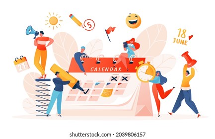 Gestión del tiempo, organización del trabajo y notificación de eventos de vida, recordatorio, plan de trabajo mensual o anual. Los personajes de dibujos animados ayudan y planifican juntos las fechas del enorme calendario.