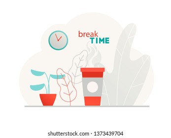 Time management, organization, working time, time break. Flat vector illustration