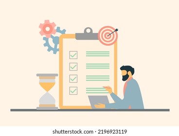 Time management, organization, working time. Time organization efficiency. Schedule job project team. Good business process. Time control plan technology. Vector illustration.
