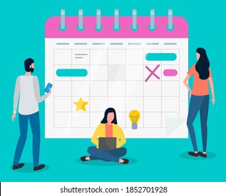 Time management, organizing effective time, planning dates, business meetings, people near calendar with notes and marks, productive time, productivity, workers control deadlines, schedule concept