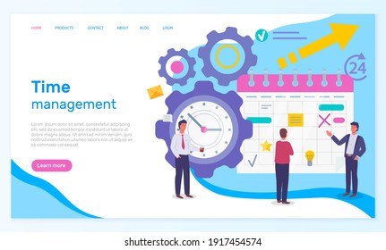 Time management, organizing effective time, website concept, planning dates, business meetings, businessmen near calendar with notes, clock, productive time, productivity, workers control deadlines