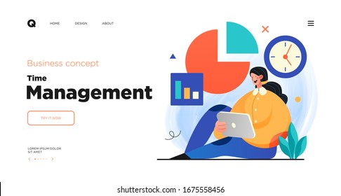 Time management, organizing tasks website concept template design. Web page layout with modern business concept illustration.
