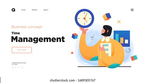 Time management, organizing tasks website concept template design. Web page layout with modern business concept illustration.