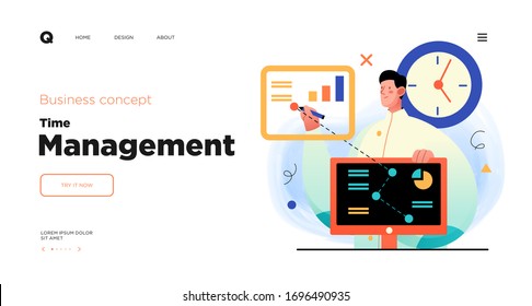 Time management, organizing tasks website concept template design. Web page layout with modern business concept illustration.