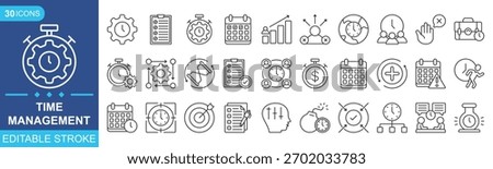 Time Management outline editable icon set collection. Task, manage time, planner, schedule, to-do list, calendar, delegation, reminder, timer, set priorities and more. Vector illustration eps 10