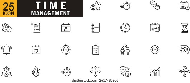 Time management outline icon set. Scheduling, deadlines, reminders, calendars, alarms, productivity, planning, efficiency and time tracking.