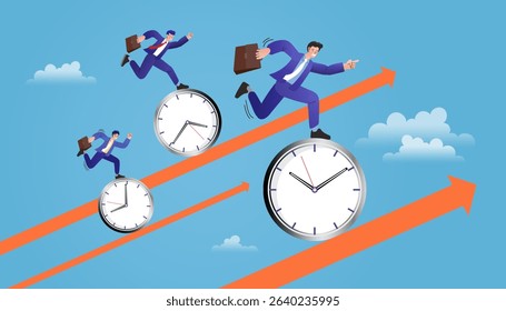  Time management outline. Man in office points out a spot on a graph. vector illustration of hours and schedules to improve company performance.