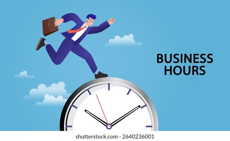  Time management outline. Man in office points out a spot on a graph. vector illustration of hours and schedules to improve company performance.