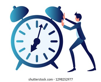 Time management, overtime, ambiguous. Abstract concept, a businessman is pushing  a clock. In minimalist style. Cartoon flat Vector Illustration