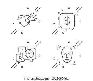Time management, Payment message and Love message line icons set. Face detection sign. Office chat, Finance, Heart. Detect person. Business set. Line time management outline icon. Vector