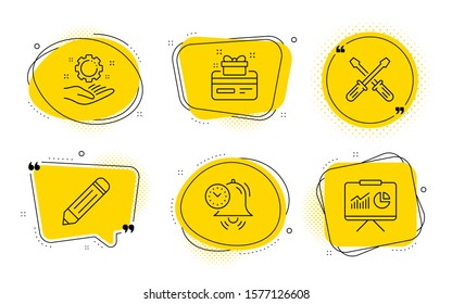 Time management, Pencil and Presentation signs. Chat bubbles. Loyalty card, Employee hand and Screwdriverl line icons set. Bonus points, Work gear, Repair tool. Alarm clock. Technology set. Vector