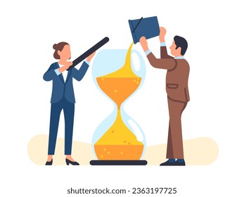 Time management. People add sand to hourglass. Businessman controlling schedule. Hour countdown. Project deadline. Man and woman with sandglass. Pouring with bucket