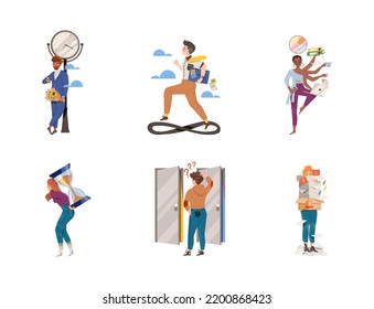 Administración de tiempo con multitarea de caracteres de personas y organización de su juego de ilustraciones de vectores de tiempo