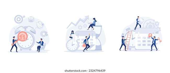 Time Management, people doing their daily routine productively to reach goal, Projects and deadlines, set flat modern vector illustration