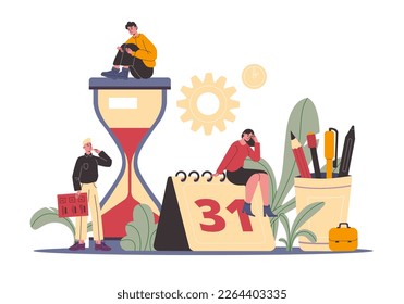 Time management. People group trying to plan work schedule. Thoughtful employees with hourglass and analog clocks. Calendar and stationery pencils. Planning organizer