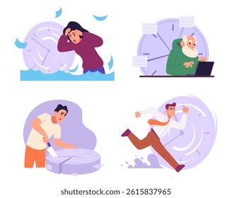 Time management. People have problems with self time bad multitasking failing persons exact vector concept pictures