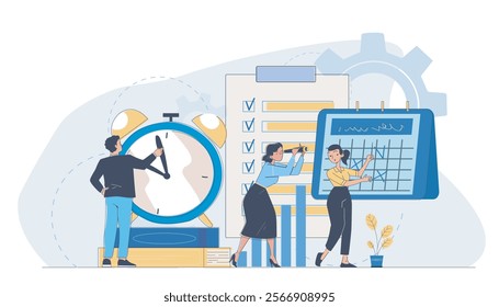 Time management people. Man and woman near huge clock and calendar. Organizing efficient work process. Planning and scheduling. Teamwork and collaboration. Linear vector illustration