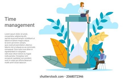 Zeitmanagement, Menschen auf dem Hintergrund eines großen Stundenglases sind mit Zeitplanung beschäftigt.Poster im Business-Stil.Vektorgrafik