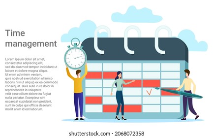 Time management, People on the background of a large calendar are engaged in time planning.Poster in business style.Vector illustration.