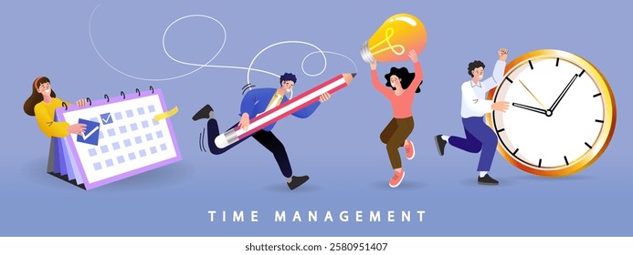 Time Management. people successfully organizing their tasks and appointments. efficient and effective time management and multitasking at work. Time is money. Deadline. dial of a large watch. vector