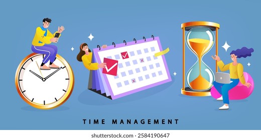 Time Management. people successfully organizing their tasks and appointments. efficient and effective time management and multitasking at work. Time is money. Deadline. dial of a large watch. vector