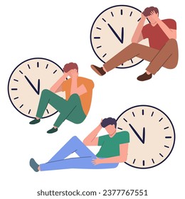 Time management people. Team working together.Clock controls the time of work and tasks.Multitasking organization of process. Vector flat illustration.People with timers clock. Work deadline.