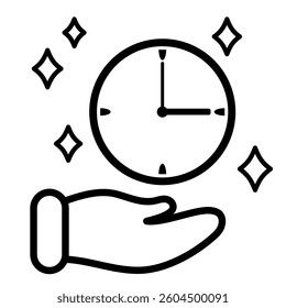 Time management and time performance image icon. Icon of a clock on the palm of a hand