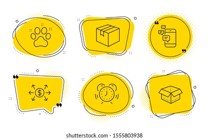 Time management, Pet friendly and Open box signs. Chat bubbles. Dollar exchange, Parcel and Communication line icons set. Payment, Shipping box, Smartphone messages. Alarm clock. Business set. Vector
