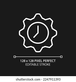 Time management pixel perfect white linear icon for dark theme. Flexible hours. Clock inside gear. Planning. Thin line illustration. Isolated symbol for night mode. Editable stroke. Arial font used