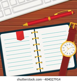 Time management or planning banner. Vector concept background in flat style. Notebook with space for your text. Top view of blank notebook, wristlet watch, pen and keyboard.