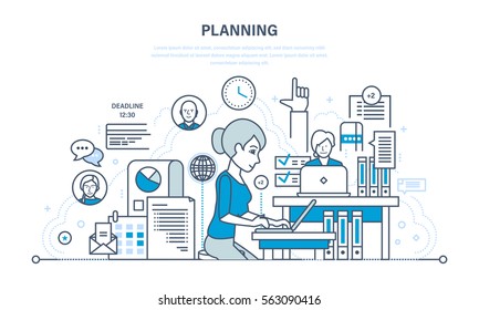 Time management, planning business objectives and results, analysis, statistics and research. Illustration thin line design of vector doodles, infographics elements.