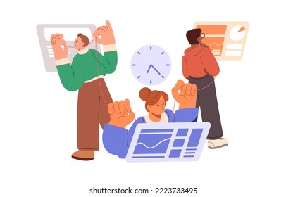 Time management and planning concept. Business team work under project with deadline. Teamwork process, connection between employees, manager. Flat vector illustration isolated on white background