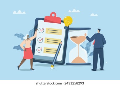 Time management planning concept, Corporate schedule management, business man and woman checking tasks on clipboard checklist near large hourglass. Vector design illustration.