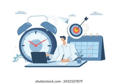 Time management planning concept, Corporate schedule management, Businessman plans organized work on schedule, with big alarm clock. Vector design illustration.