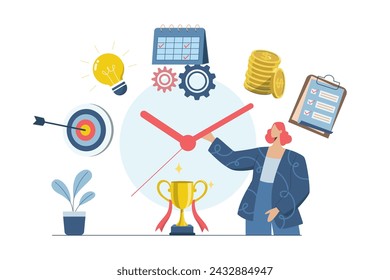 Time management planning concept, Corporate schedule management, Working time, Time organization efficiency. Businesswoman plans organized work on schedule. Vector design illustration.