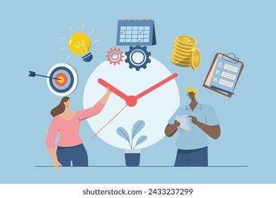 Time management planning concept, Corporate schedule management, Working time, Time organization efficiency. Businessman and woman plans organized work on schedule. Vector design illustration.