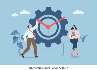 Time management planning concept, Intelligent proper plan, Working on time, Setting time in the organization perfectly, Business team setting clock hands. Vector design illustration.